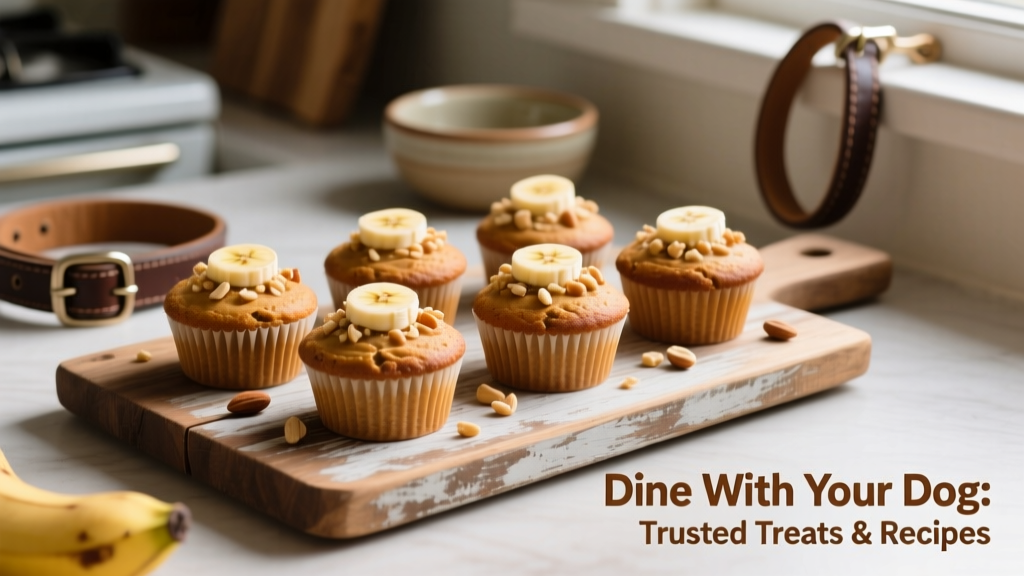 Homemade peanut butter and banana pupcakes arranged on a rustic wooden board