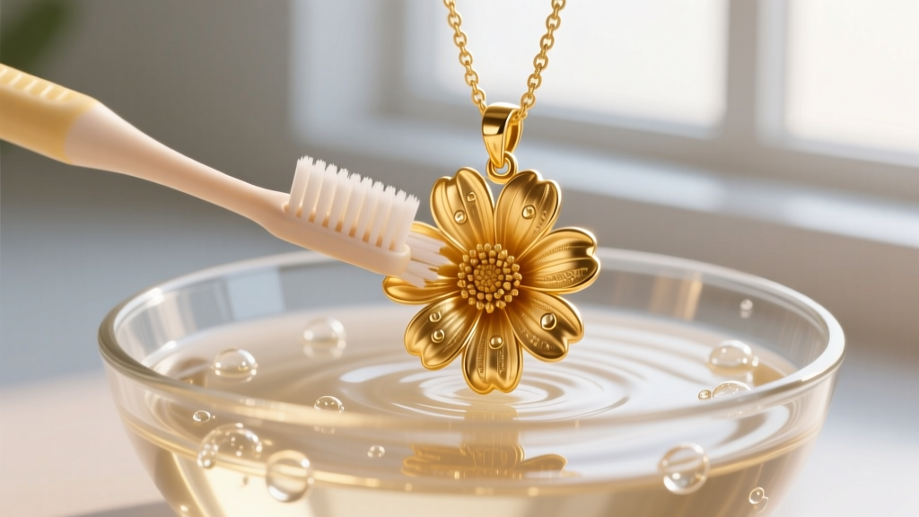 Soft toothbrush cleaning petal crevices of an 18k gold marigold pendant submerged in a glass bowl of mild, warm soapy water.