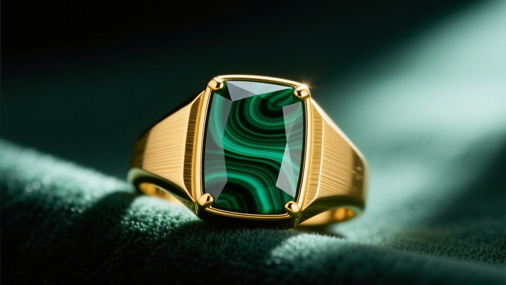 Macro shot of bold malachite stone jewelry, showing a geometric cabochon set in heavy 18k yellow gold resting on dark green velvet fabric.