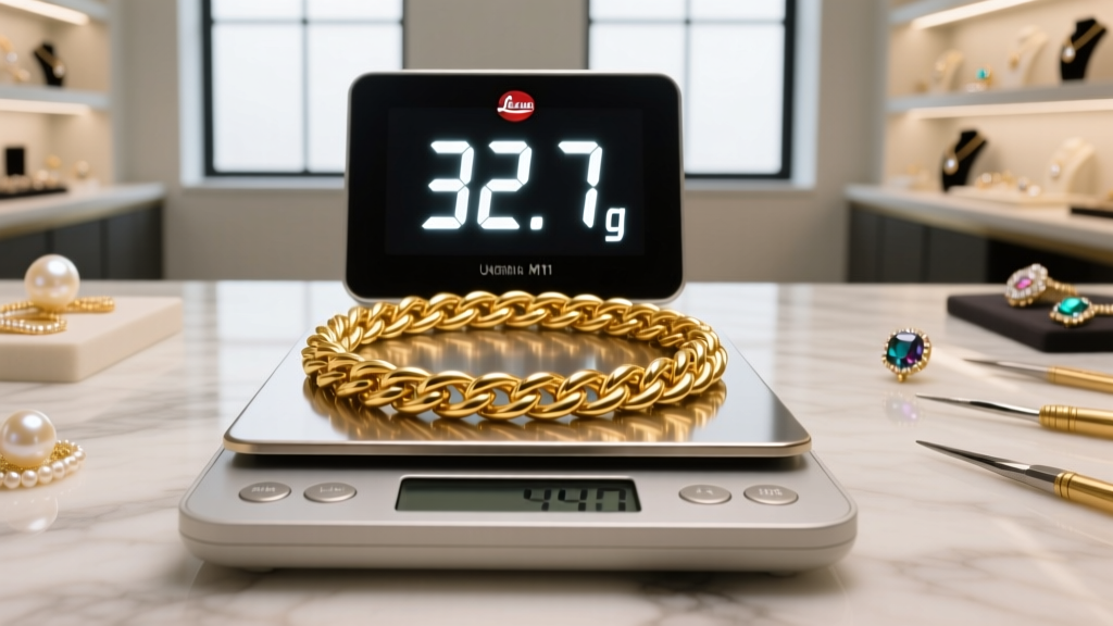 Digital scale weighing a thick 14k gold rope chain, displaying the exact gram weight in a bright professional jewelry workshop