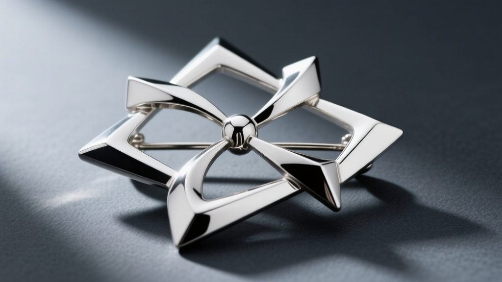 Macro shot of a mid-century Betty Cooke sterling silver articulated brooch featuring geometric interlocking shapes on dark slate