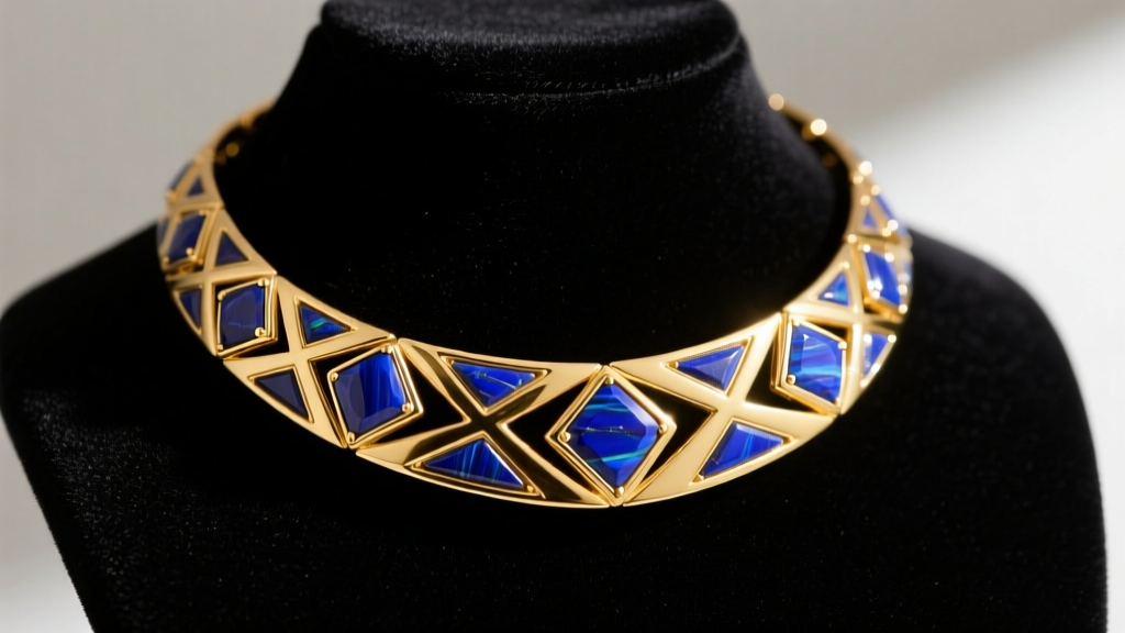 Close-up of an 18k yellow gold Cleopatra collar necklace with geometric lapis lazuli inlays resting on a dark velvet display bust.