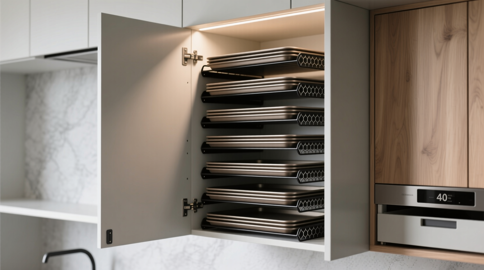 Vertical Baking Sheet Storage with Shelf Risers