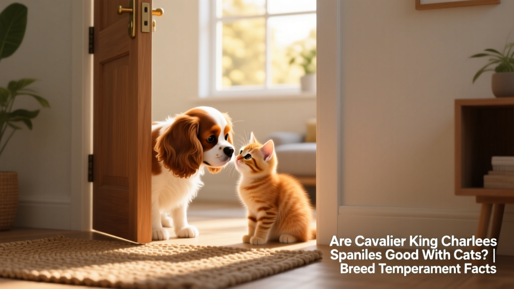 A young Cavalier puppy curiously sniffing a curious kitten through a partially open door