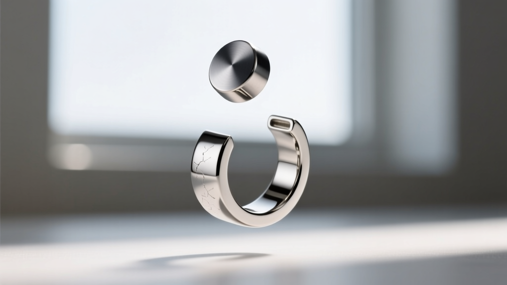 Small neodymium magnet hovering above a surgical steel ear cuff, showing the non-magnetic traits of high-quality 316L jewelry