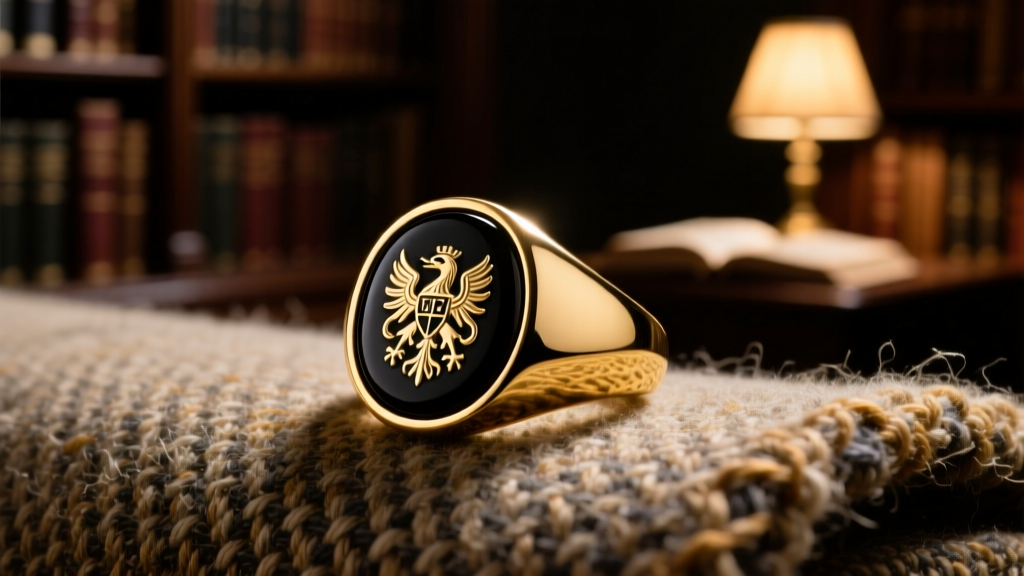 Macro shot of a 14k gold signet ring with carved black onyx intaglio, resting on vintage tweed in moody, warm library lighting.