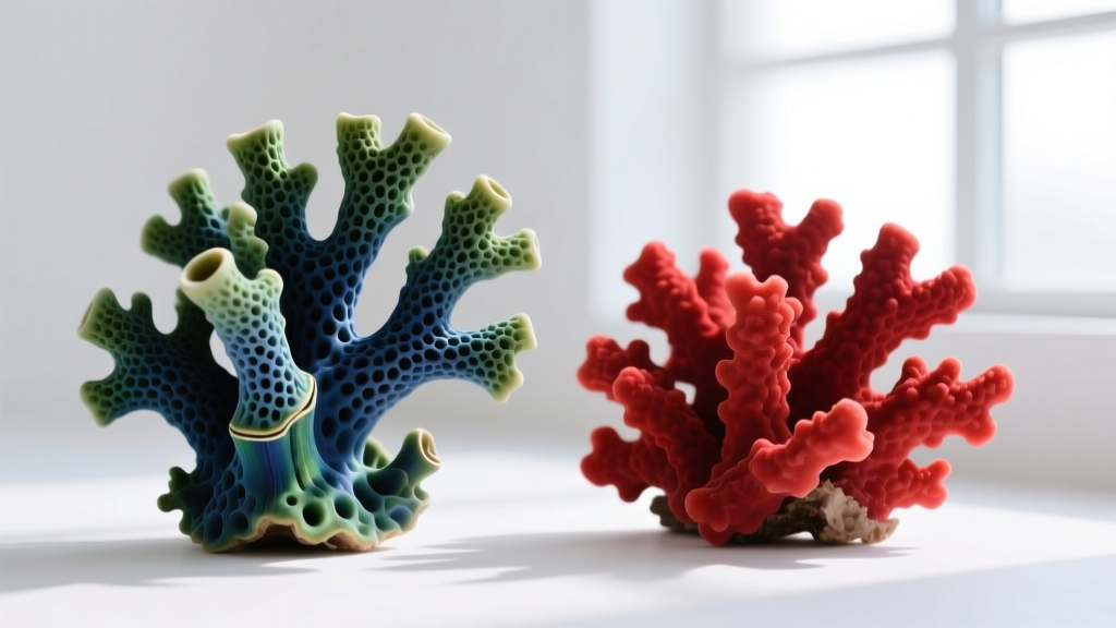 Side-by-side macro comparison of dyed porous bamboo coral with visible pits next to smooth, naturally saturated red coral.