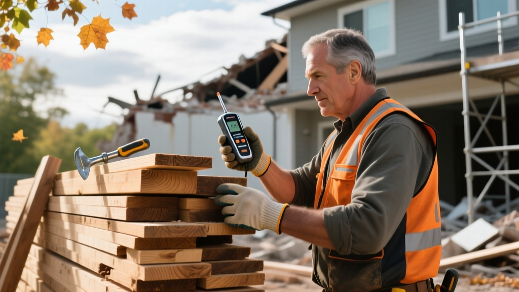 Contractor inspecting a stack of salvaged dimensional lumber with a moisture meter outside a residential soft-demolition site