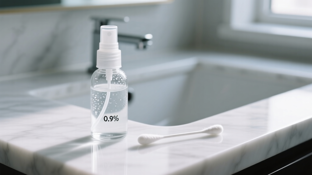 A small glass spray bottle of sterile 0.9% saline solution next to a clean cotton swab on a white marble bathroom vanity surface.