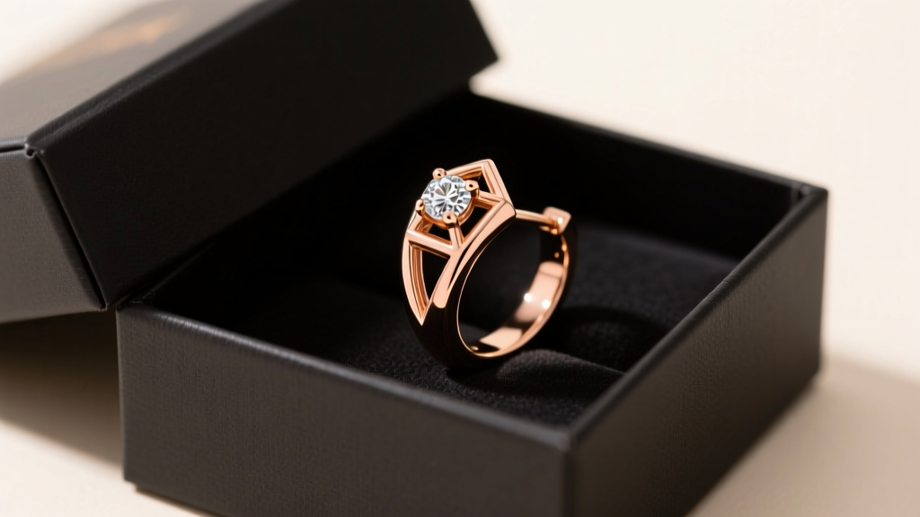 Open matte black gift box revealing a 14k rose gold rook curved earring with diamond cluster, illuminated by warm studio lighting.