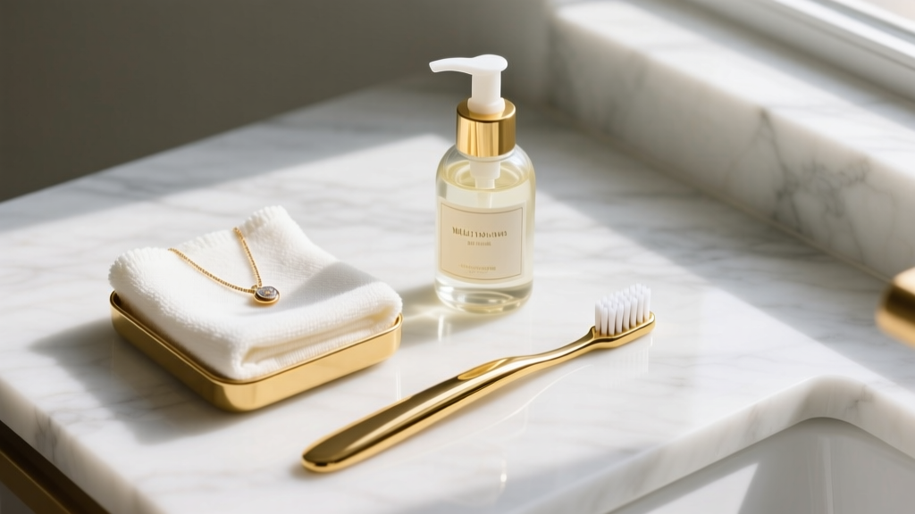 Flat lay of a gold jewelry care kit on marble, featuring a microfiber cloth, mild dish soap, and a soft-bristle baby toothbrush