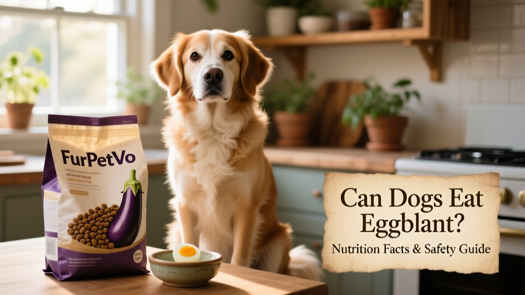 Happy medium-sized dog sitting beside an open bag of FurPetVo kibble and a small dish of plain cooked eggplant