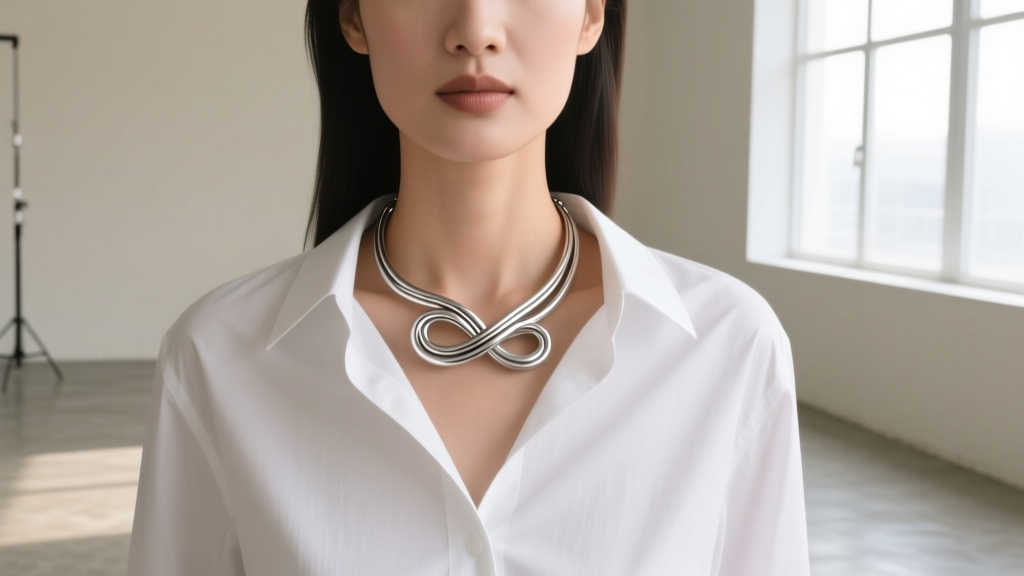 Woman wearing a silver bendable necklace shaped into a loose knot over a white button-down shirt, shot in bright natural light