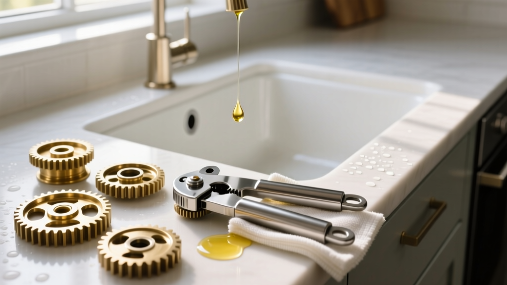Disassembled manual can opener gears being cleaned and oiled with food-grade mineral oil on a microfiber cloth next to a kitchen sink