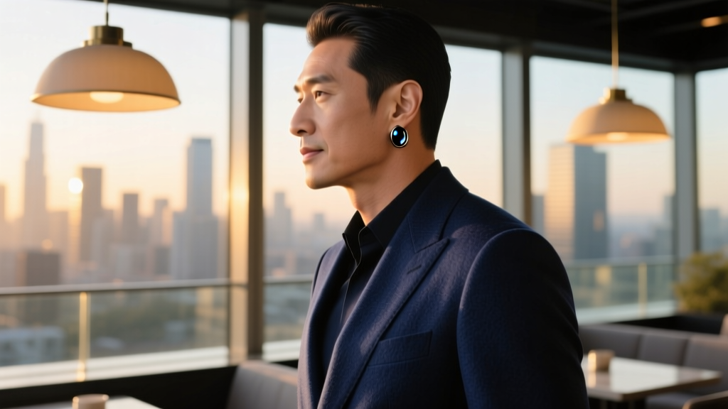 Man in tailored navy suit showing a subtle 8mm black tungsten huggie earring in his lobe under warm evening ambient lighting
