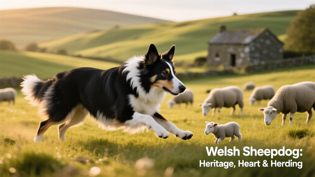 A Welsh Sheepdog mid-herding maneuver, crouched low with intense focus on a small group of sheep
