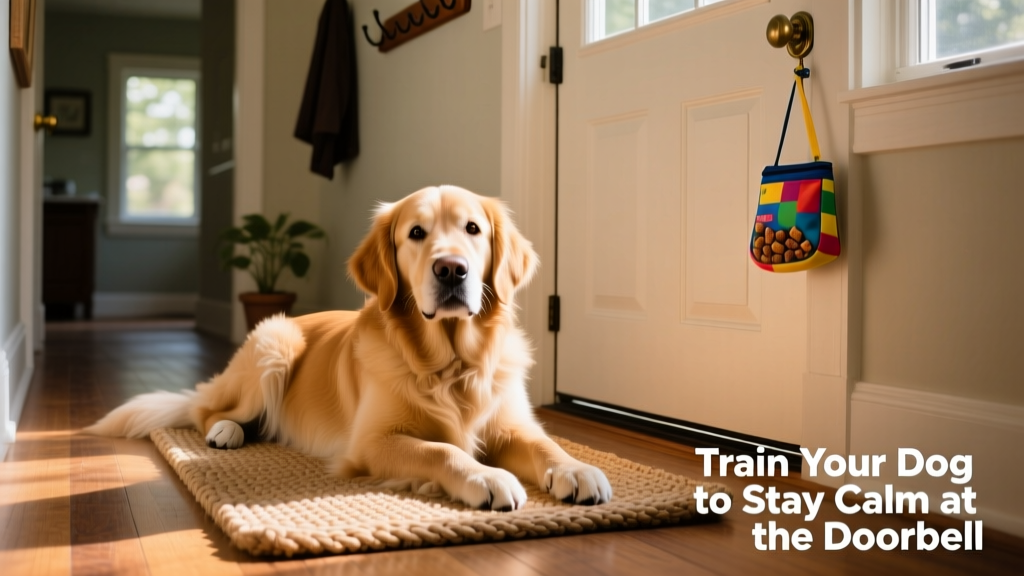 Happy dog resting comfortably on a mat near the hallway, with the front door closed and a treat pouch nearby