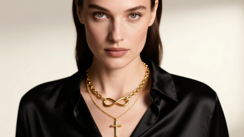 Close-up of a woman wearing a layered 14k gold infinity and cross necklace over a black silk blouse, soft studio lighting