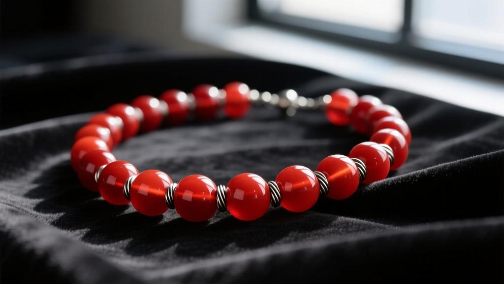 Close-up of a chunky red bead necklace with 16mm polished carnelian spheres on heavy steel wire, resting on dark velvet fabric.