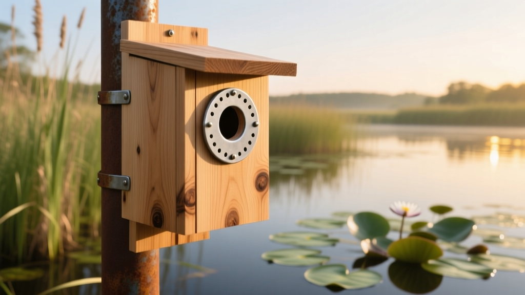 Cedar wood duck nesting box mounted on a metal pole near a wetland, featuring untreated natural wood grain and predator guard