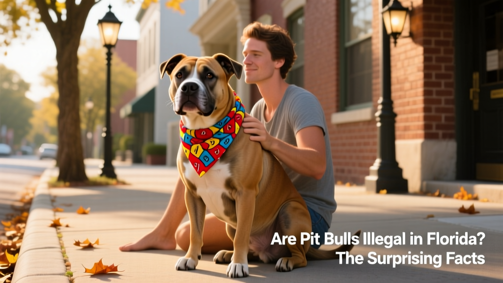 A friendly, well-socialized Pit Bull wearing a colorful bandana and sitting calmly beside its owner on a sunny sidewalk