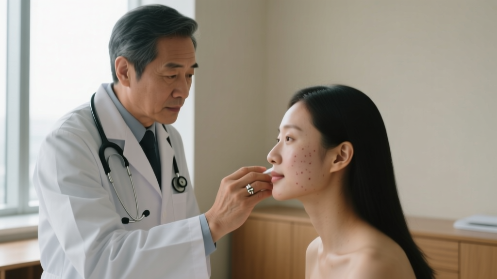 Side profile of a dermatologist examining a patient's ear cartilage with a magnifying loupe, clinical lighting, medical setting.