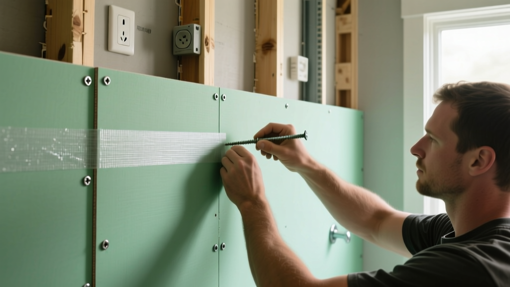 Contractor screwing green water resistant gypsum board to bathroom wall studs, with fiberglass mesh tape visible on the seams
