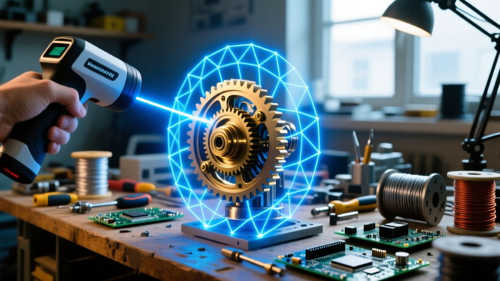 A cluttered maker workbench illuminated by a neon blue laser grid from a handheld 3D scanner mapping a complex mechanical gear.