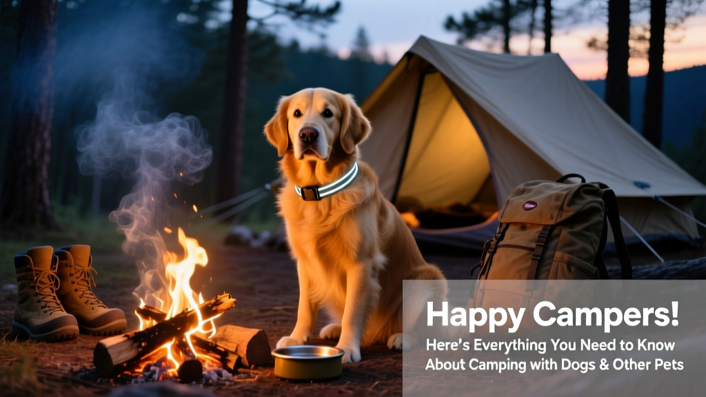 A golden retriever sitting beside a cozy campfire at dusk, wearing a reflective collar, with a tent in the background