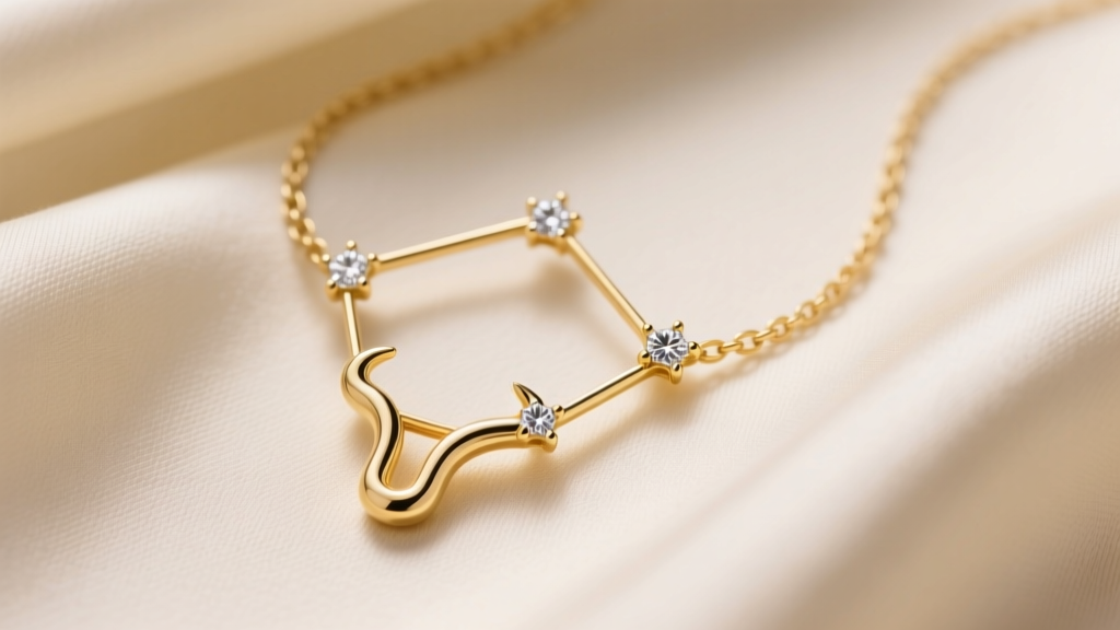 Close-up of a 14k yellow gold Taurus constellation necklace on cream silk, highlighting tiny diamond star accents in soft light
