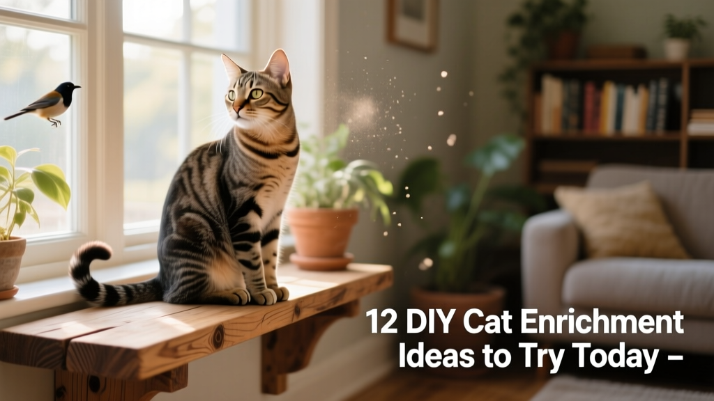 A tabby cat sitting upright on a homemade window perch, gazing outside with ears forward and tail curled neatly