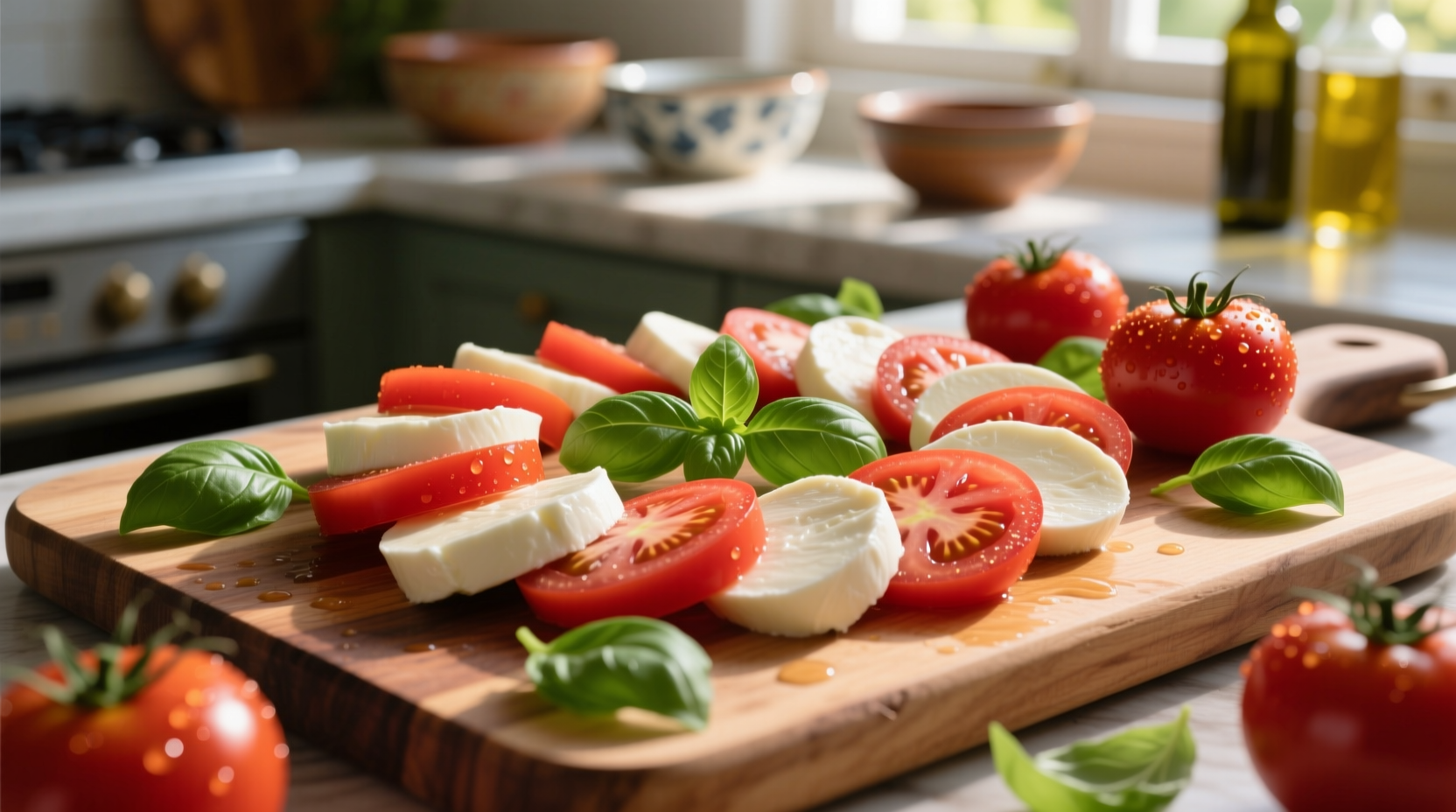 Fresh tomato and mozzarella slices arranged with basil leaves