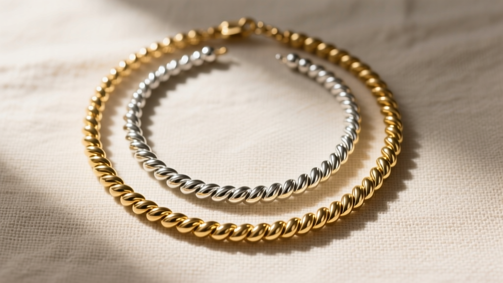 Overhead view of three twist bead necklaces in brass, sterling silver, and gold, resting on a neutral textured linen cloth backdrop.