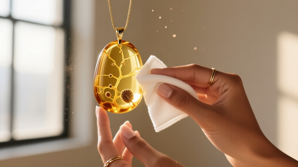Hands gently wiping a translucent golden Dominican amber pendant with a soft microfiber cloth under warm, natural window light.