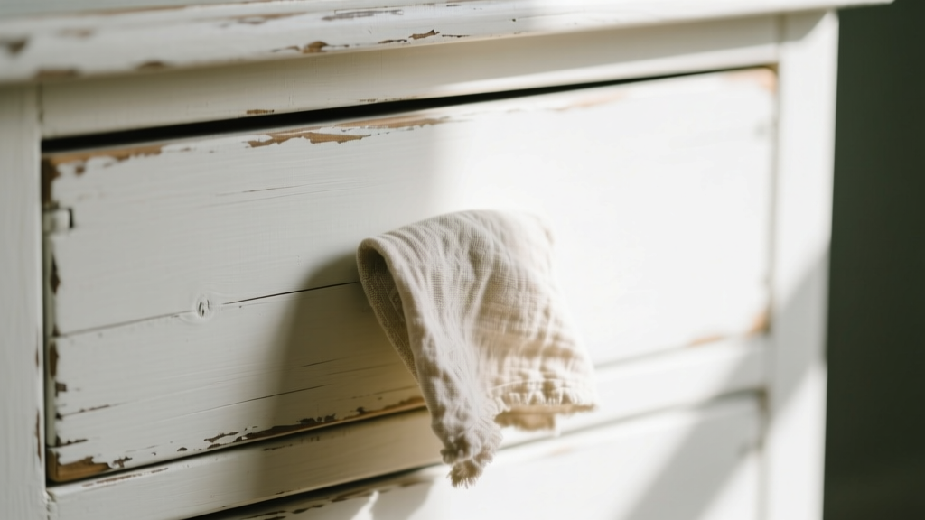 Soft cloth wiping a distressed white wooden drawer front, highlighting subtle vintage patina and worn shabby chic edges.