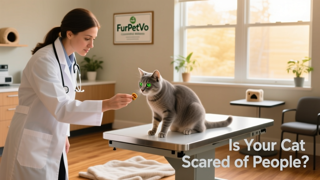 A veterinarian gently offering a treat to a calm but cautious cat during a low-stress exam at FurPetVo-certified clinic