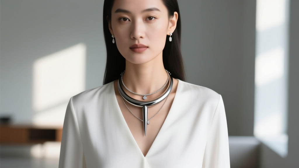 Woman wearing layered jewelry with a central 20mm titanium necklace spike over a crisp white v-neck blouse in soft daylight.