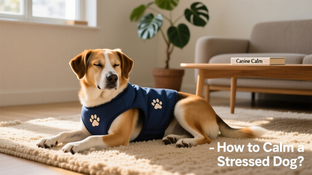 A dog wearing a snug calming vest while resting peacefully on a rug