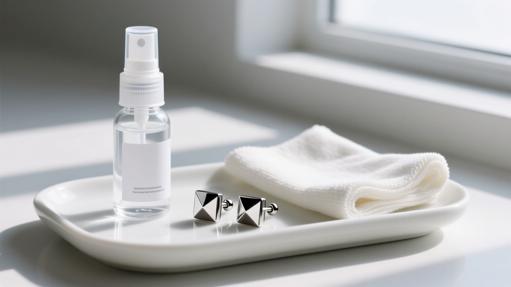 Sterile saline spray and microfiber cloth beside polished titanium labret stud earrings resting on a clean white ceramic tray.