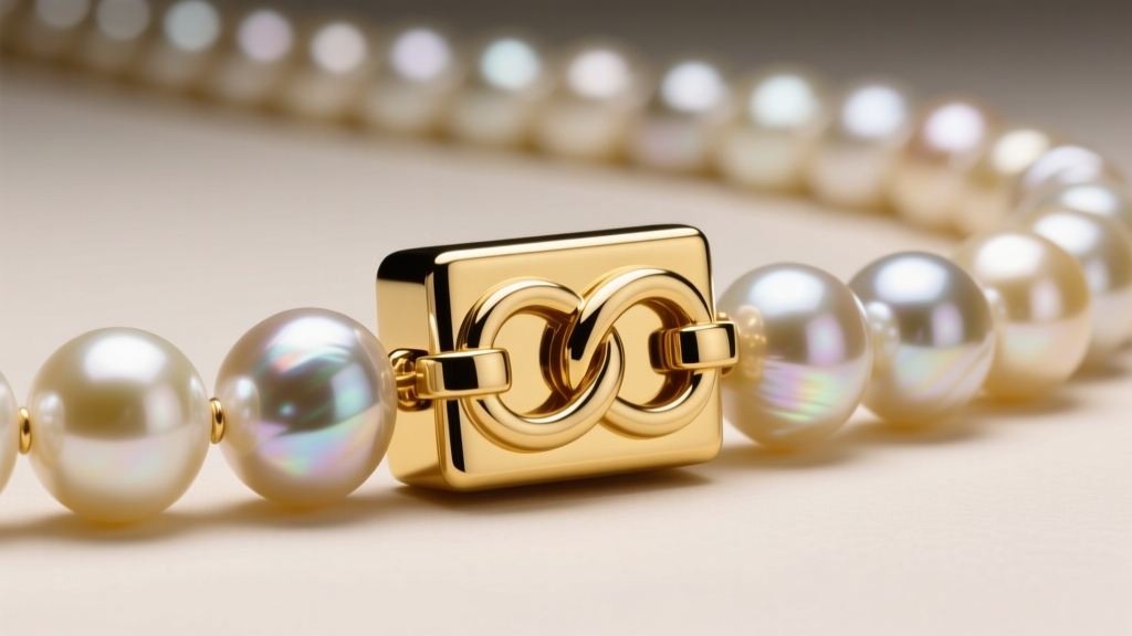 Detailed view of an 18k yellow gold box clasp with figure-eight safety latch, attached to a thick strand of giant baroque pearls.