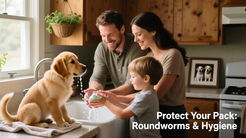 Family washing hands together at a sink after playing with their puppy, illustrating good hygiene practice