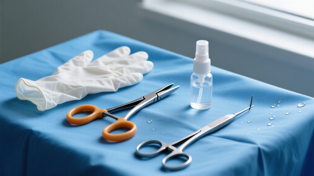 Flat lay of piercing removal tools including nitrile gloves, rubber hemostats, and saline spray on a sterile blue medical drape