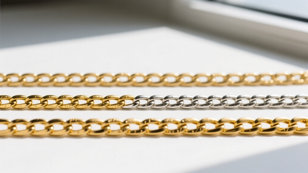 Macro photography comparing three gold necklace chains: flash plated brass, 14k gold vermeil, and solid 14k yellow gold links