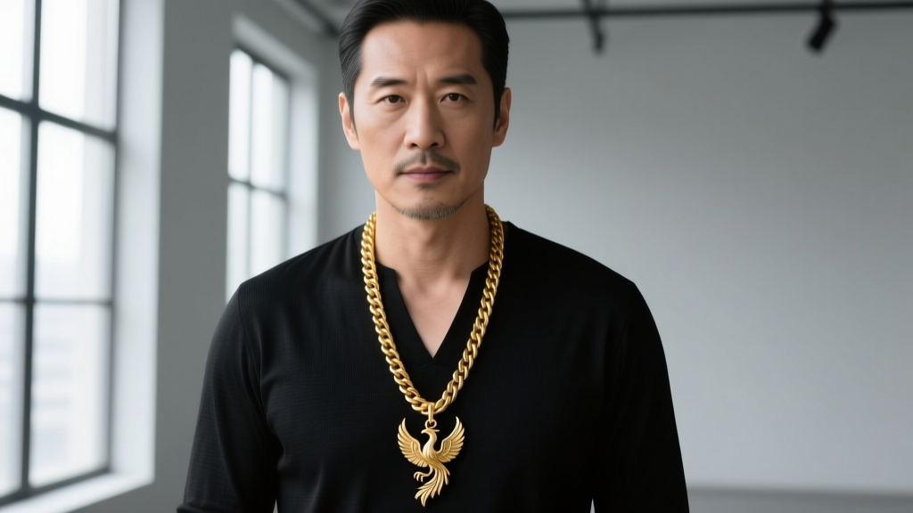 Man in a black v-neck shirt wearing a 24-inch gold vermeil rope chain with a small OSRS-inspired phoenix pendant charm.