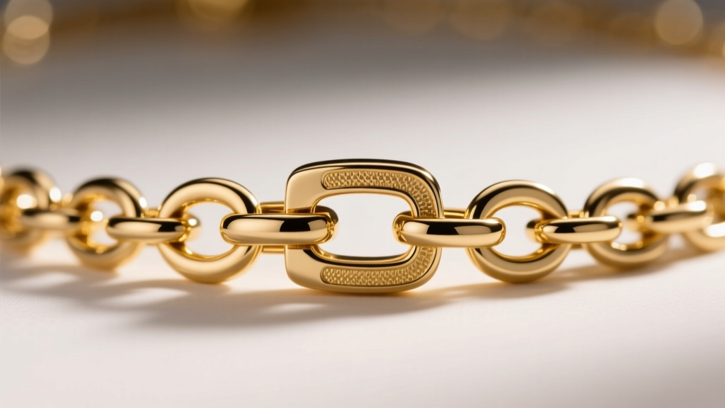 Macro view of a slide-lock necklace layering clasp holding three gold chains via jump rings under soft, diffused studio light