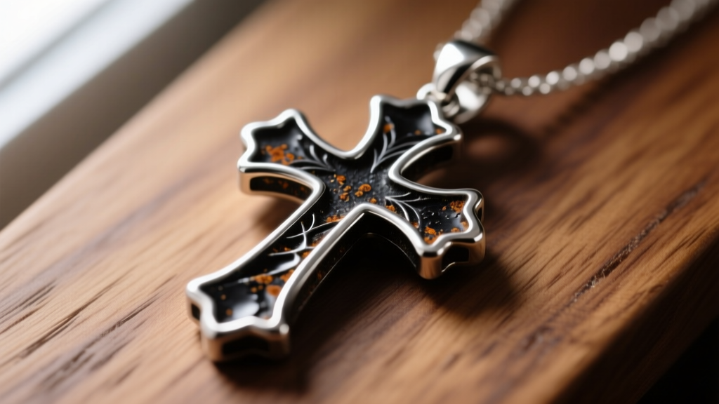Macro shot of oxidized silver cross pendant showing black patina in engraved crevices and bright polished high points on wood.