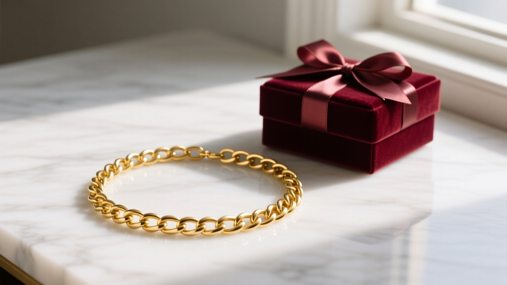 Flat-lay of a 14k yellow gold rolo circle chain necklace beside a velvet gift box, soft morning light on marble