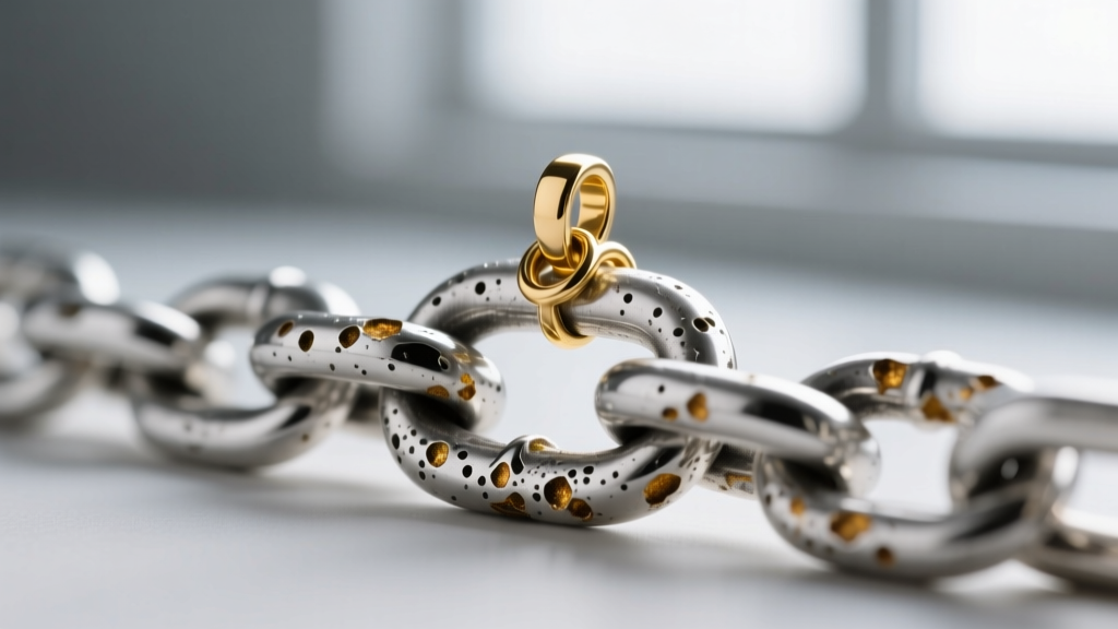Macro photography showing microscopic galvanic corrosion pitting on a sterling silver chain link where a gold pendant rests.