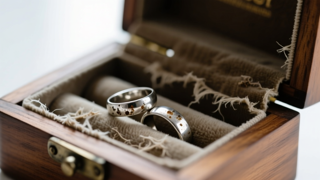 Inside a budget wood jewelry box showing frayed synthetic velvet lining and tarnished silver rings from chemical off-gassing.