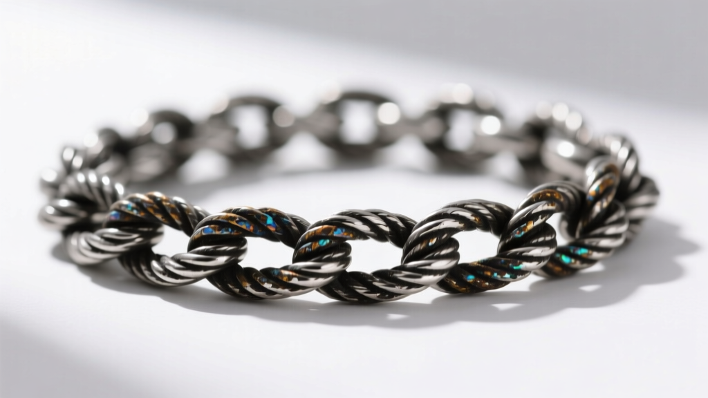 Macro shot of tarnished 925 sterling silver rope chain showing dark oxidation in the crevices against a clean white background.